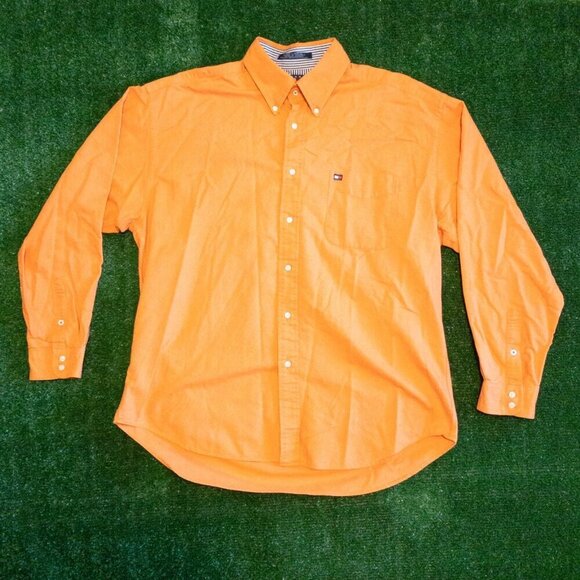 TOMMY HILFIGER MENS CASUAL SHIRT VINTAGE 90S LONG SLEEVE ORANGE BREAST POCKET XL - Picture 1 of 6